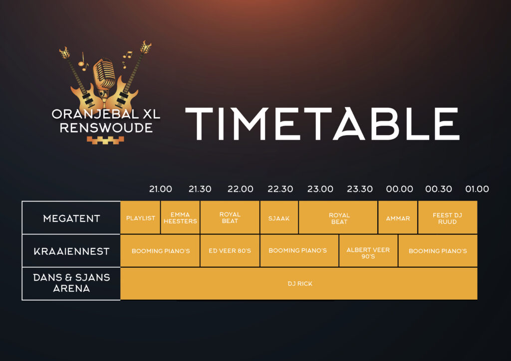 Timetable Oranjebal XL 2023 zaterdag 29 april
